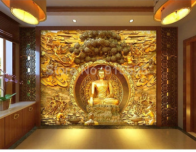 3D Mural Wallpaper Golden Buddha Statue