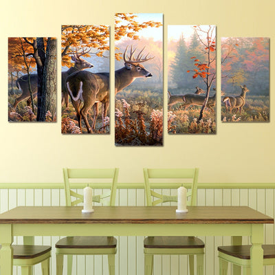 Farmhouse living room 5 Panel Canvas Painting Forest Deer - Goods Shopi