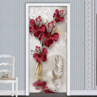 3D Mural Door Stickers Red Flower - Goods Shopi
