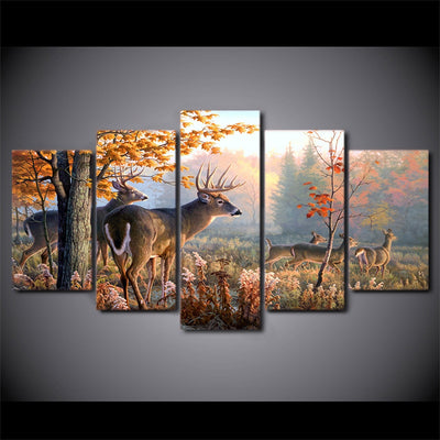 Farmhouse living room 5 Panel Canvas Painting Forest Deer - Goods Shopi