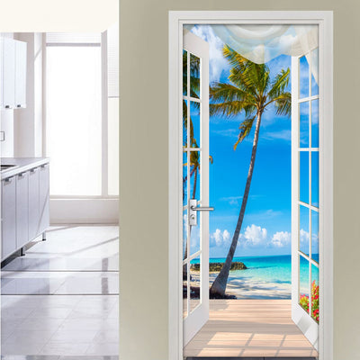 3D Mural Door Sticker Window Balcony Coconut Sea - Goods Shopi