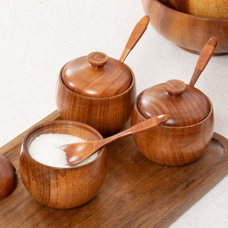 Wooden Salt Cellar Sugar Bowl Pepper Box