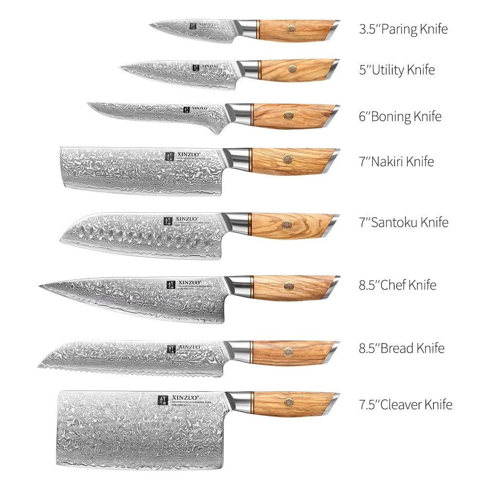 Damascus Steel 8pcs Wood Handle Kitchen Knife Set