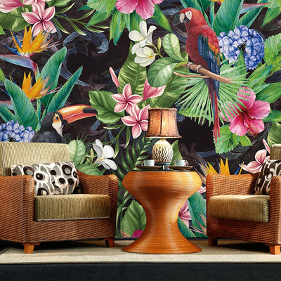 Mural Wallpaper Tropical Rain Forest Parrot Leaf - Goods Shopi