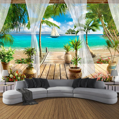 3D Mural Wallpaper Balcony Sandy Beach Sea - Goods Shopi