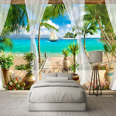 3D Mural Wallpaper Balcony Sandy Beach Sea - Goods Shopi
