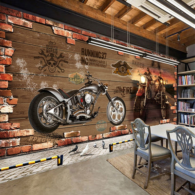 Retro Motorcycle Brick 3D Mural Wallpaper - Goods Shopi