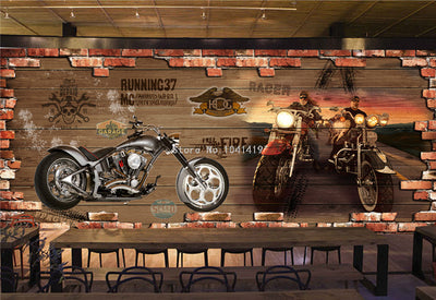 Retro Motorcycle Brick 3D Mural Wallpaper - Goods Shopi