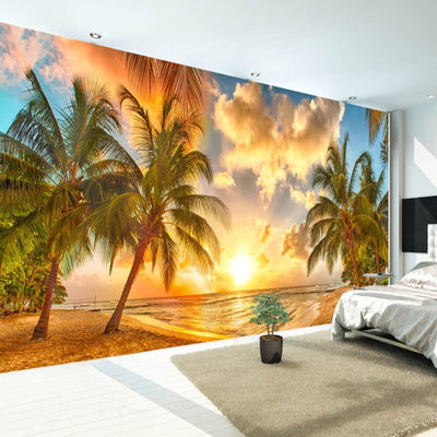 3D Nature Mural Wallpaper Sunset Sea Coconut Beach - Goods Shopi
