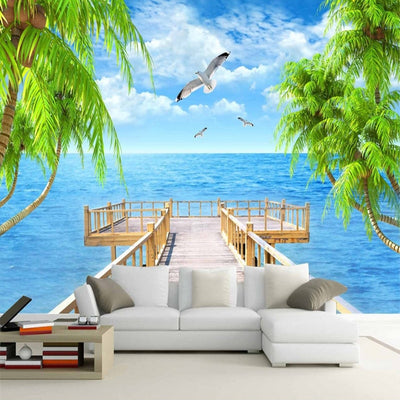 3D Mural Wallpaper Seaside Landscape Wood Bridge - Goods Shopi